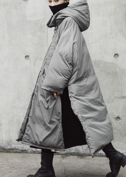 Vintage Grey hooded Pockets side open Thick Winter Cotton coat