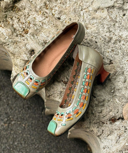 Vintage Hollow Out Splicing Chunky High Heels Grey Cowhide Leather