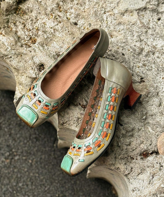 Vintage Hollow Out Splicing Chunky High Heels Grey Cowhide Leather