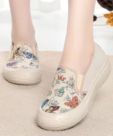 Vintage Jacquard Flat Feet Shoes Beige Cotton Fabric