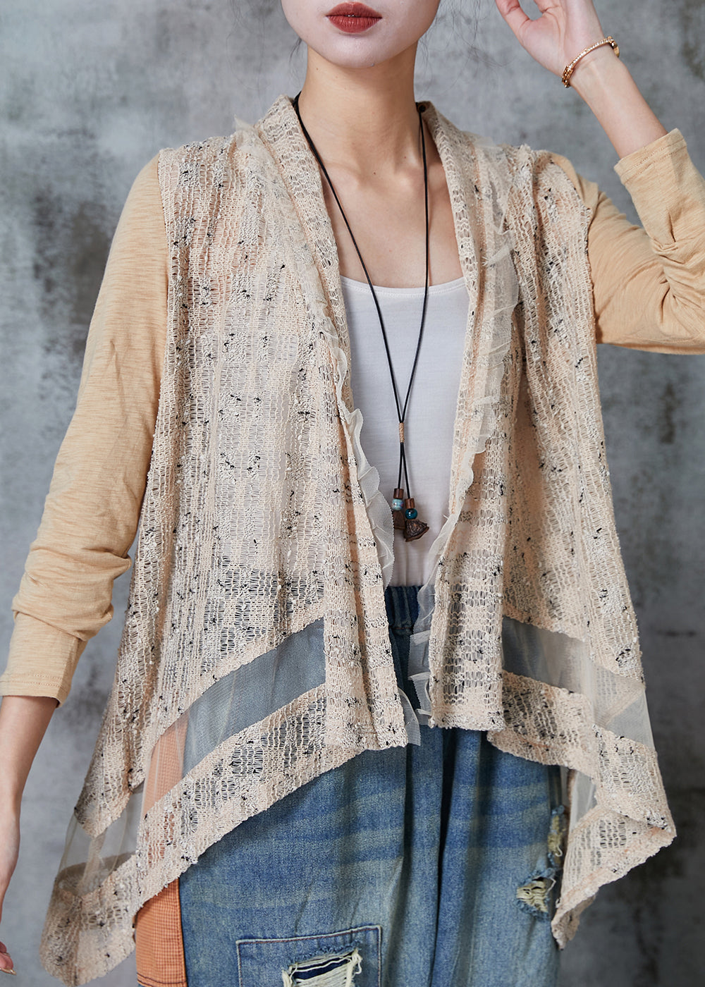 Vintage Khaki Asymmetrical Patchwork Knit Cardigans Spring