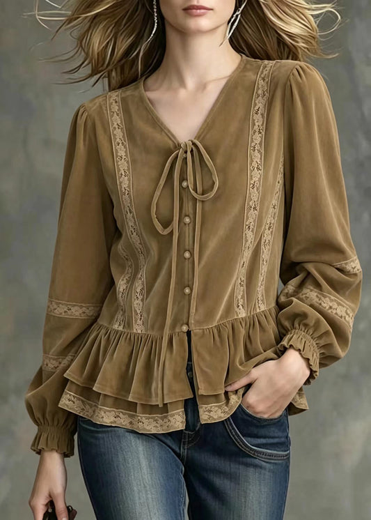 Vintage Khaki Brown V Neck Lace Up Ruffled Patchwork Lace Blouse Tops Fall