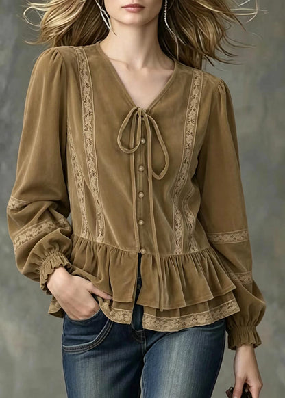 Vintage Khaki Brown V Neck Lace Up Ruffled Patchwork Lace Blouse Tops Fall