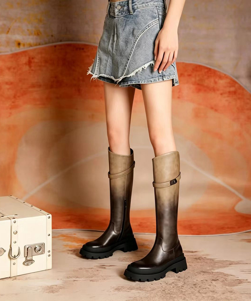 Vintage Khaki Gradient Cowhide Leather Chunky Knee Boots