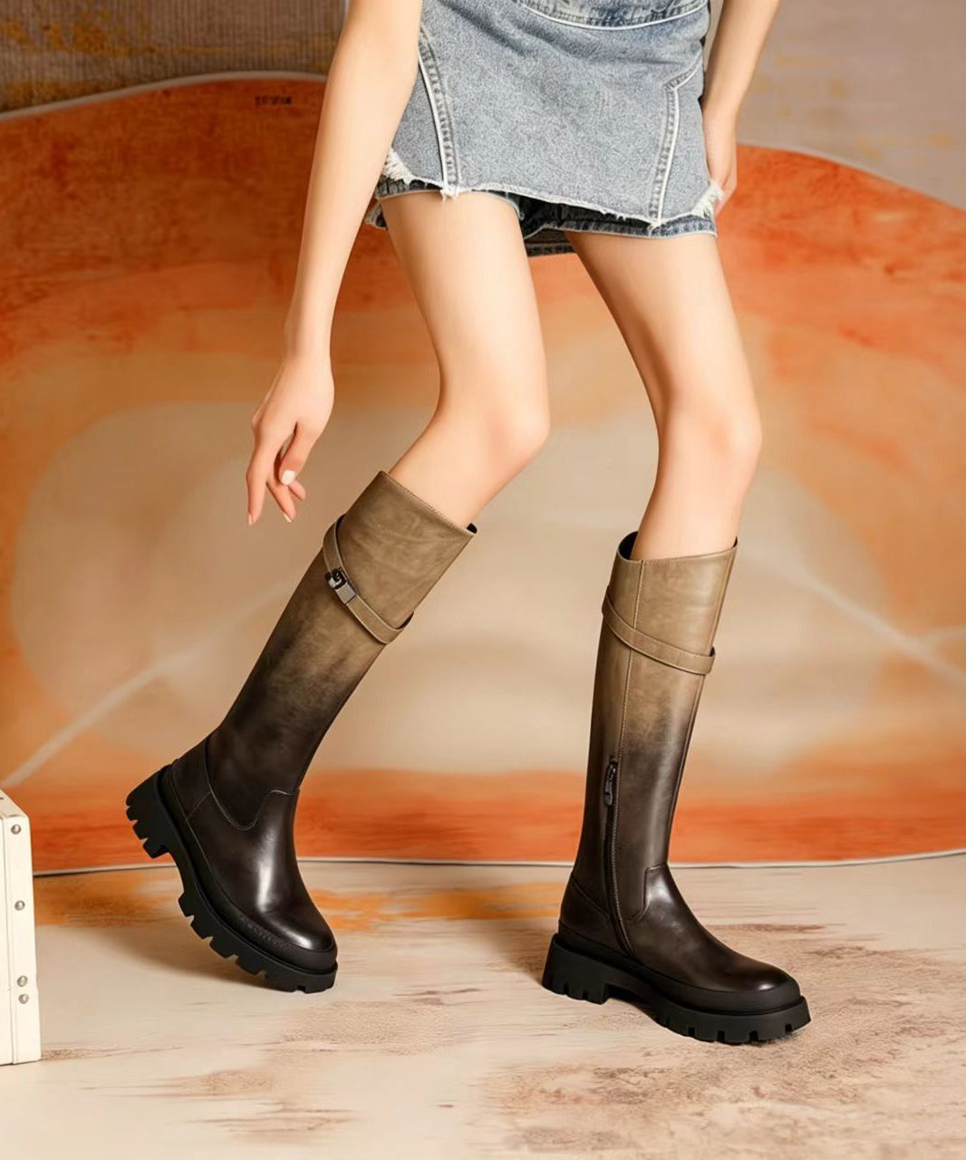 Vintage Khaki Gradient Cowhide Leather Chunky Knee Boots