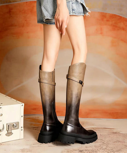 Vintage Khaki Gradient Cowhide Leather Chunky Knee Boots