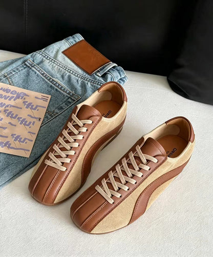 Vintage Khaki Lace Up Splicing Suede Flat