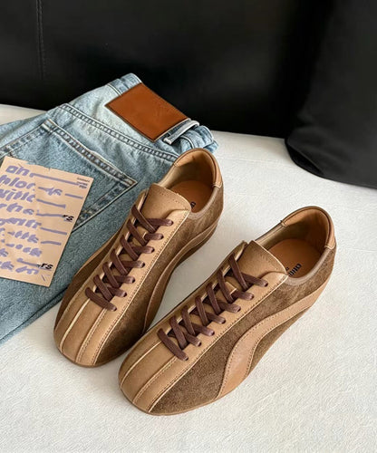 Vintage Khaki Lace Up Splicing Suede Flat