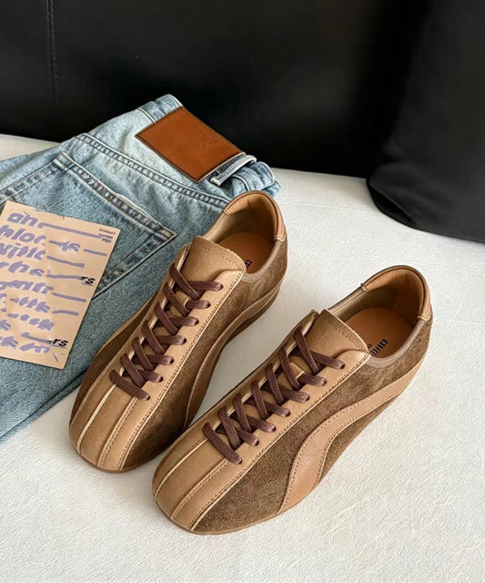 Vintage Khaki Lace Up Splicing Suede Flat