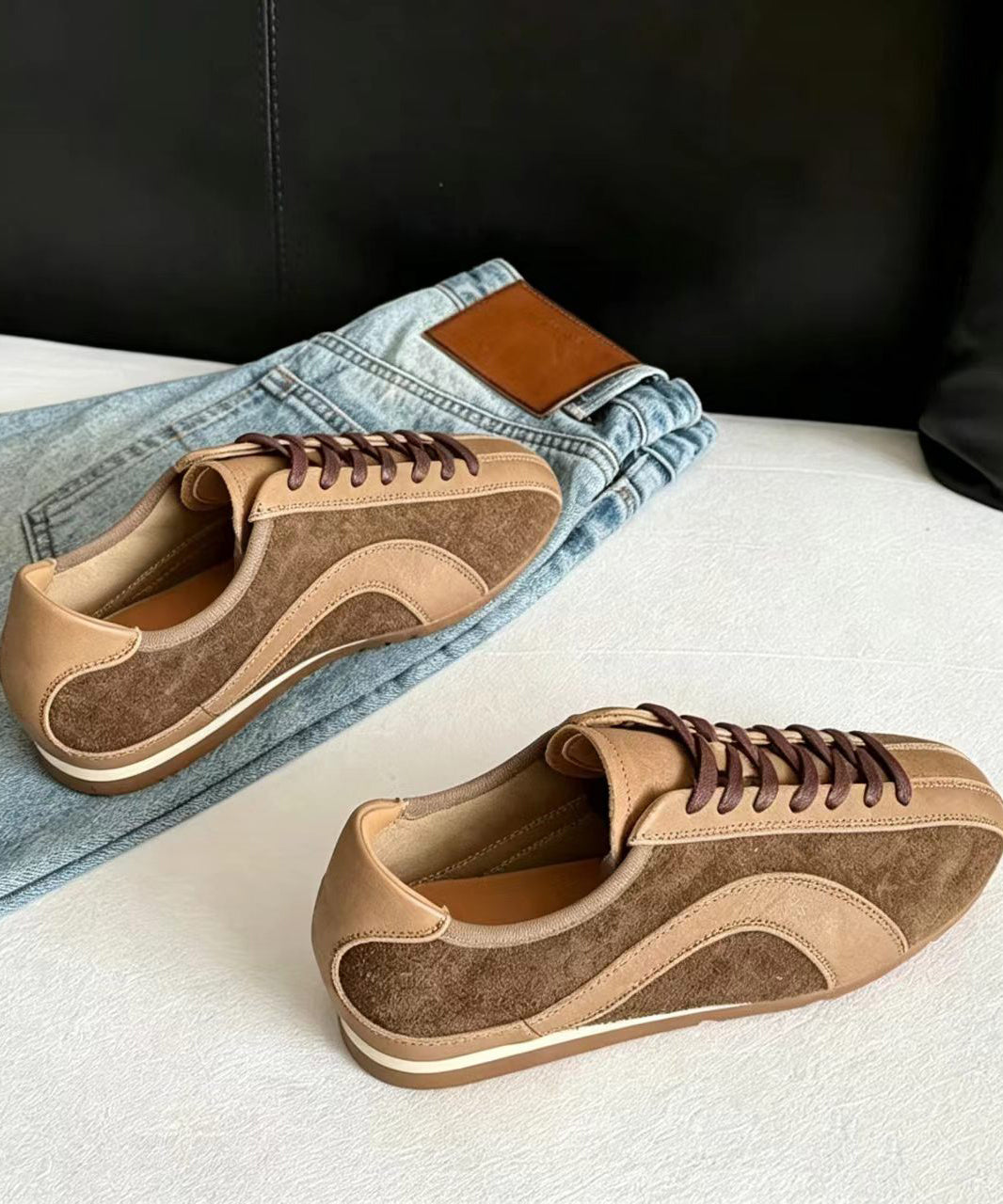 Vintage Khaki Lace Up Splicing Suede Flat