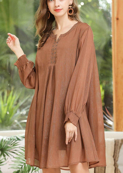 Vintage Khaki Long Sleeve Chiffon Summer Dress - SooLinen