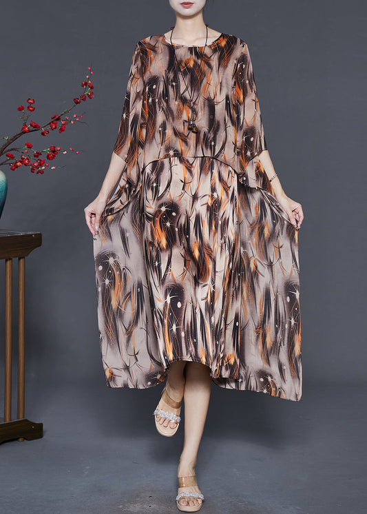 Vintage Khaki Oversized Print Chiffon Vacation Dresses Summer