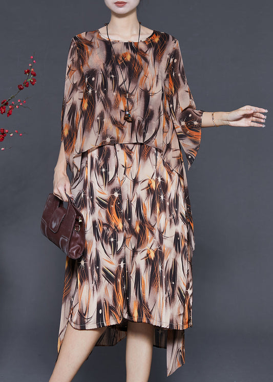 Vintage Khaki Oversized Print Chiffon Vacation Dresses Summer