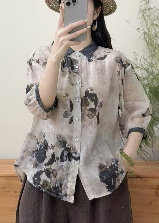 Vintage Khaki Oversized Print Linen Shirt Tops Summer
