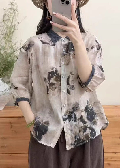 Vintage Khaki Oversized Print Linen Shirt Tops Summer