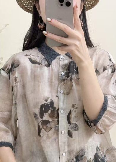 Vintage Khaki Oversized Print Linen Shirt Tops Summer