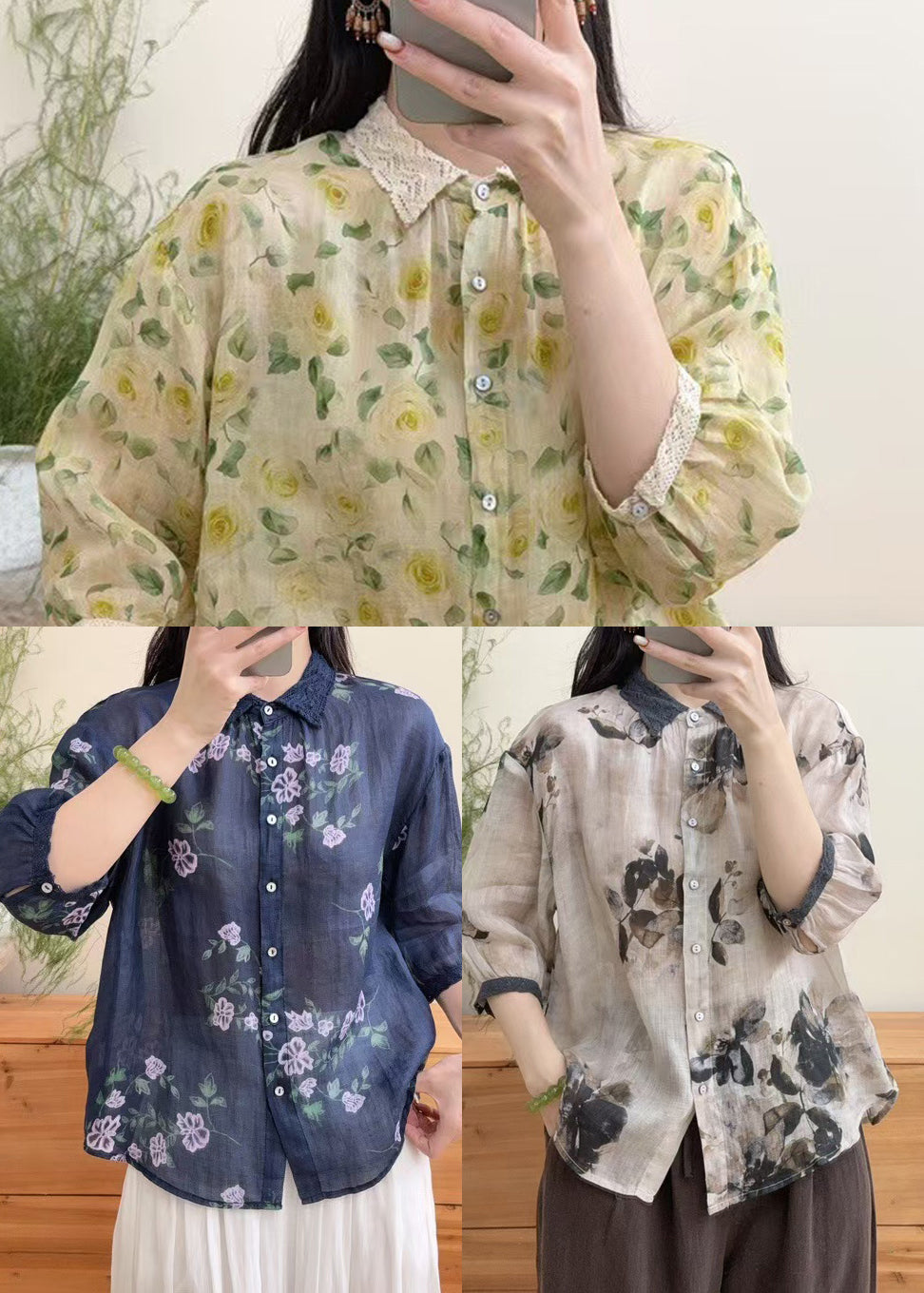 Vintage Khaki Oversized Print Linen Shirt Tops Summer