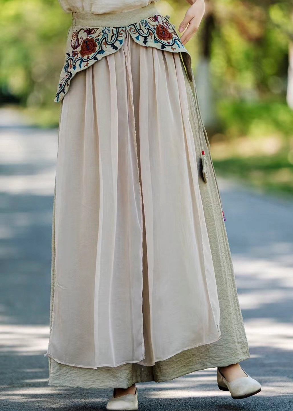 Vintage Khaki Pockets Embroidered Patchwork Silk Pants Fall