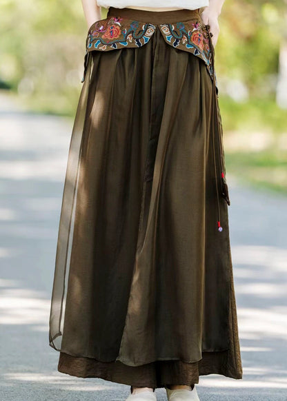 Vintage Khaki Pockets Embroidered Patchwork Silk Pants Fall