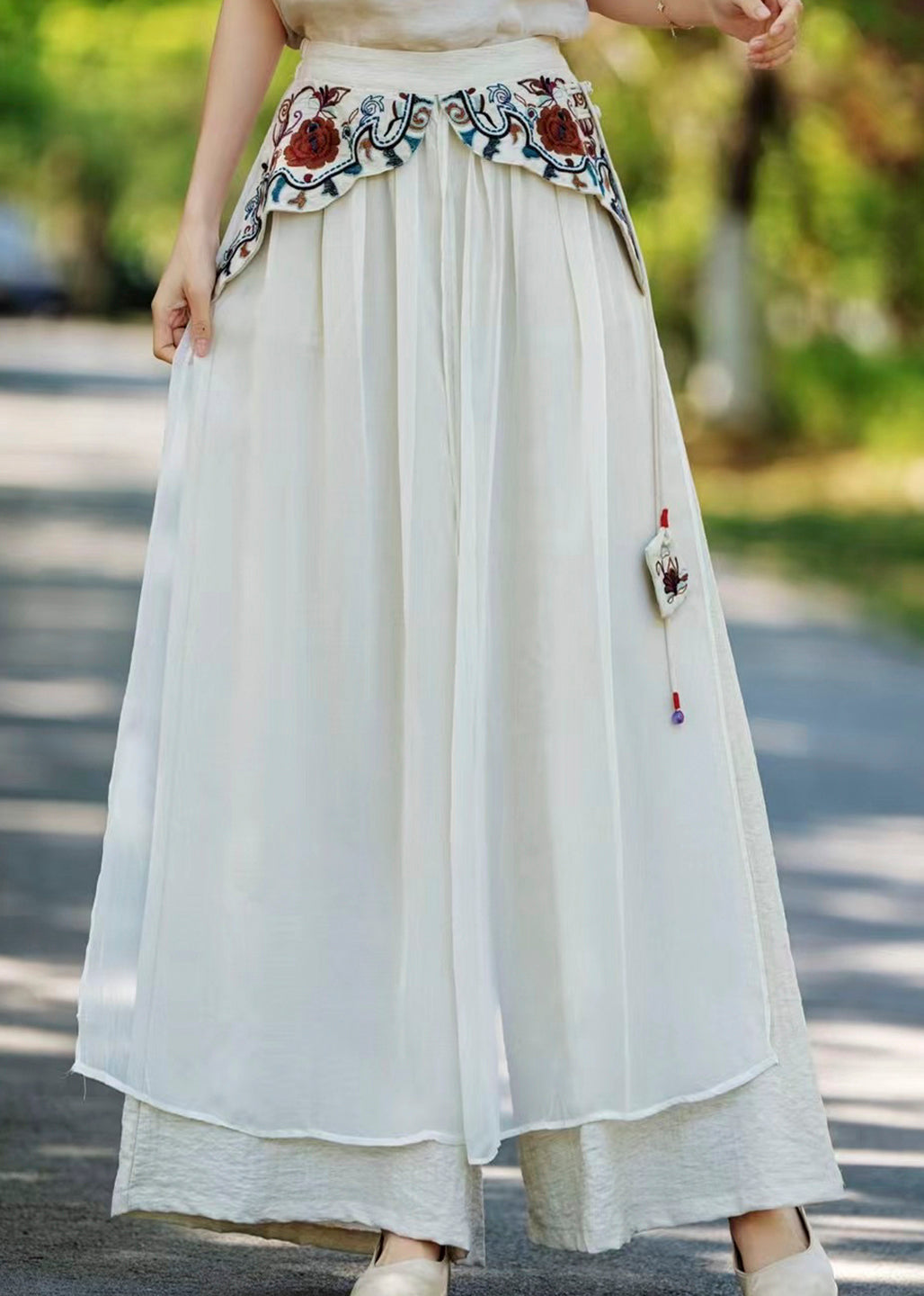 Vintage Khaki Pockets Embroidered Patchwork Silk Pants Fall