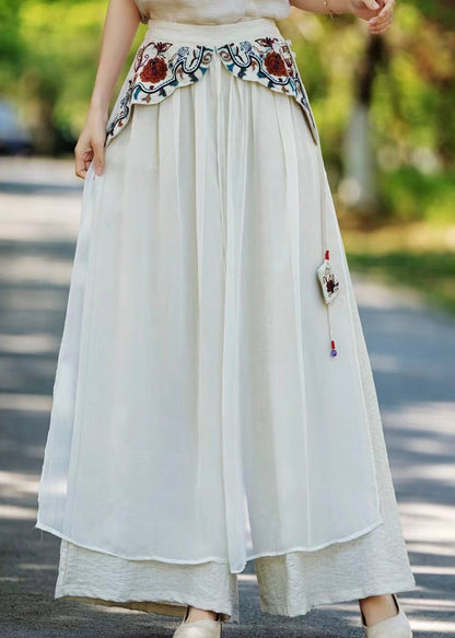 Vintage Khaki Pockets Embroidered Patchwork Silk Pants Fall