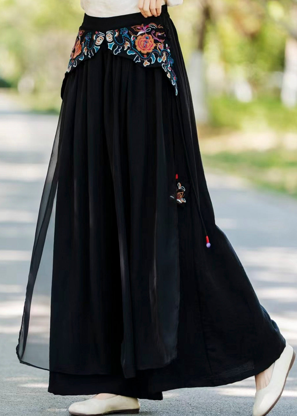 Vintage Khaki Pockets Embroidered Patchwork Silk Pants Fall