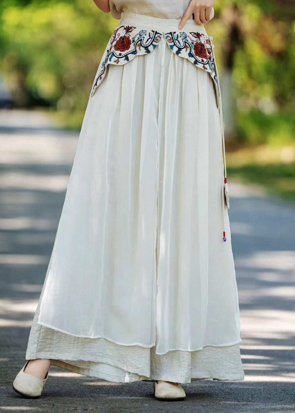 Vintage Khaki Pockets Embroidered Patchwork Silk Pants Fall