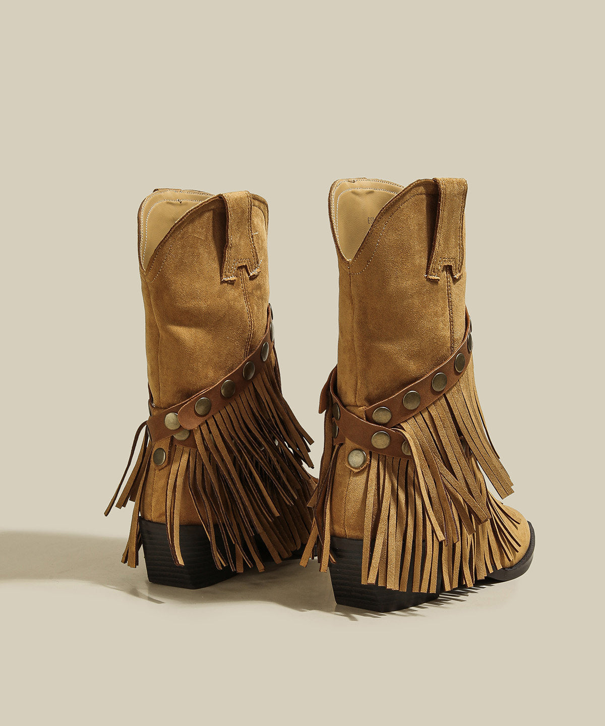 Vintage Khaki Tassel Pointed Toe Rivet Suede Wedge Cowboy Boots