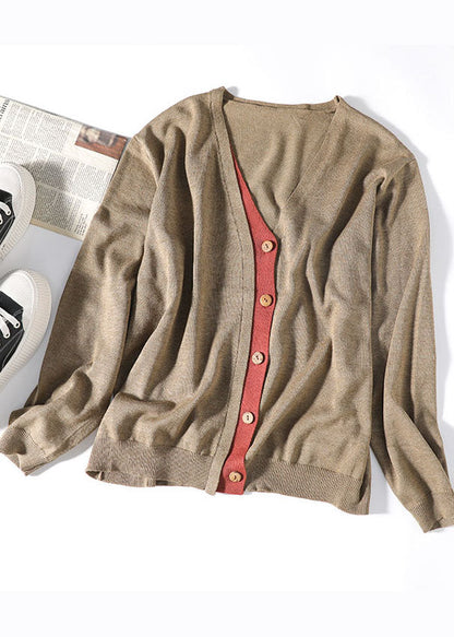Vintage Khaki button V Neck Patchwork Knit Loose Cardigans Spring