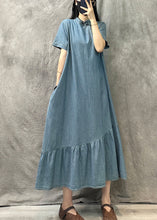 Load image into Gallery viewer, Vintage Light Blue Stand Collar Patchwork Denim Dress Summer