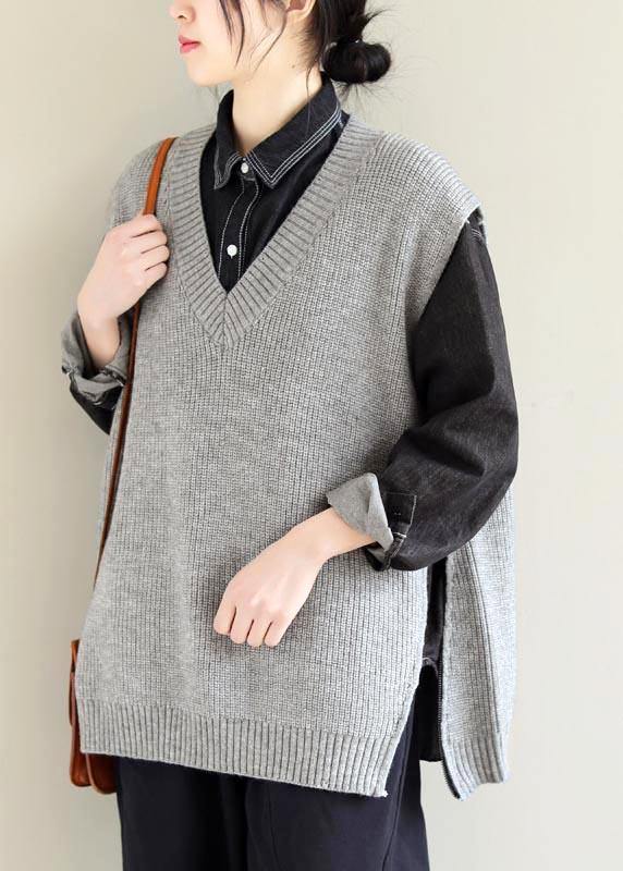 Vintage Light Gray Knitwear Plus Size Clothing V Neck Sleeveless Knit Blouse - SooLinen