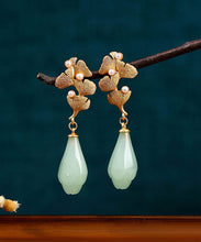 Load image into Gallery viewer, Vintage Light Green Copper Overgild Pearl Ginkgo Leaf Water Drop Drop Earrings