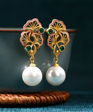 Load image into Gallery viewer, Vintage Light Green Copper Overgild Pearl Ginkgo Leaf Water Drop Drop Earrings