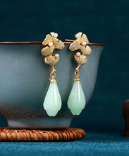 Load image into Gallery viewer, Vintage Light Green Copper Overgild Pearl Ginkgo Leaf Water Drop Drop Earrings