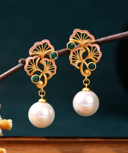 Load image into Gallery viewer, Vintage Light Green Copper Overgild Pearl Ginkgo Leaf Water Drop Drop Earrings