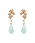 Vintage Light Green Copper Overgild Pearl Ginkgo Leaf Water Drop Drop Earrings