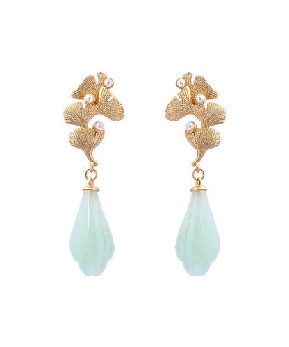 Vintage Light Green Copper Overgild Pearl Ginkgo Leaf Water Drop Drop Earrings