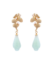 Load image into Gallery viewer, Vintage Light Green Copper Overgild Pearl Ginkgo Leaf Water Drop Drop Earrings