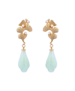 Vintage Light Green Copper Overgild Pearl Ginkgo Leaf Water Drop Drop Earrings