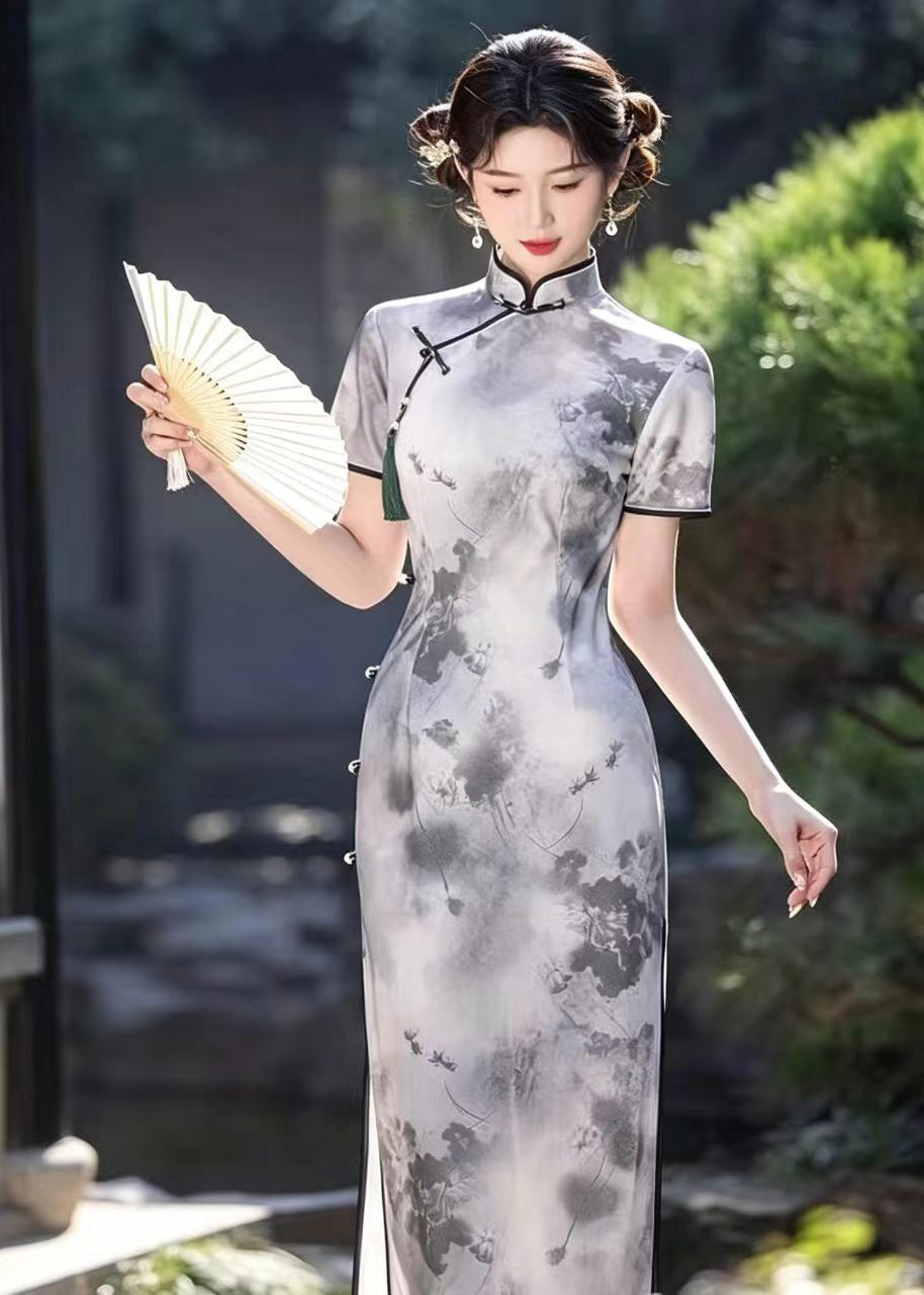 Vintage Light Grey Mandarin Collar Frog Buttons Dresses Short Sleeve