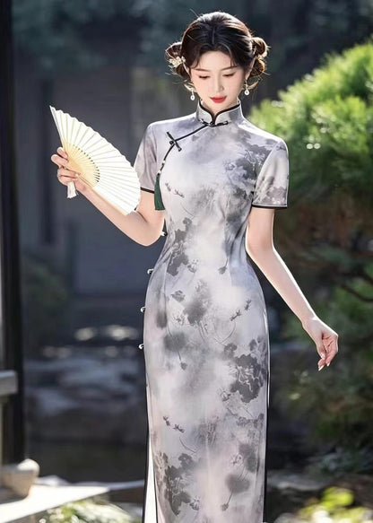 Vintage Light Grey Mandarin Collar Frog Buttons Dresses Short Sleeve