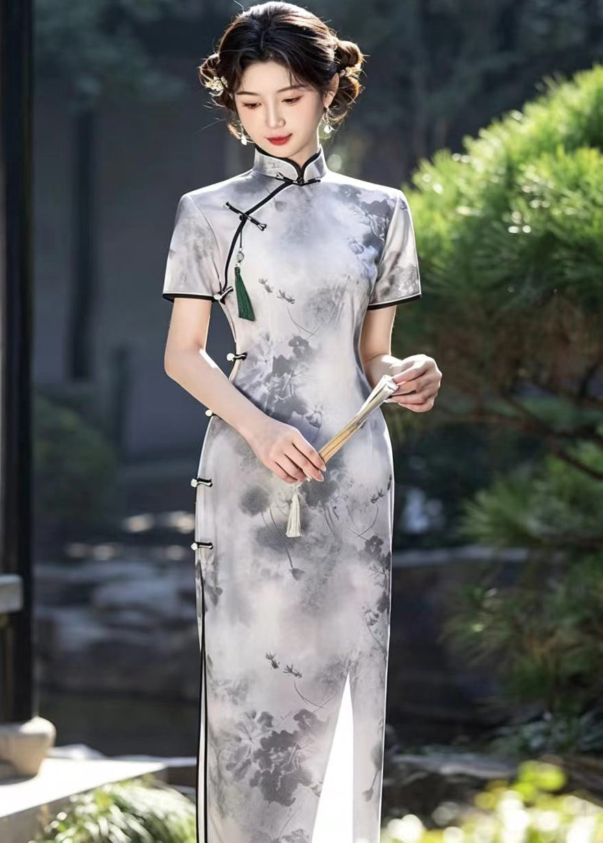 Vintage Light Grey Mandarin Collar Frog Buttons Dresses Short Sleeve