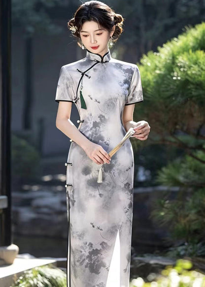 Vintage Light Grey Mandarin Collar Frog Buttons Dresses Short Sleeve
