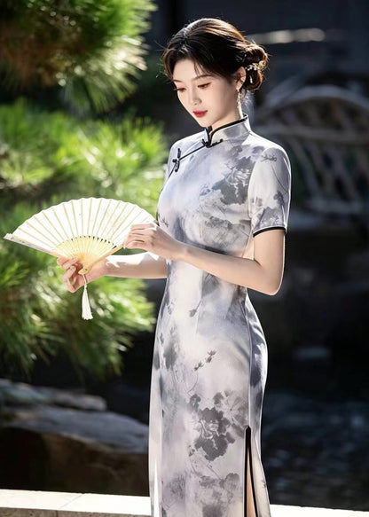 Vintage Light Grey Mandarin Collar Frog Buttons Dresses Short Sleeve