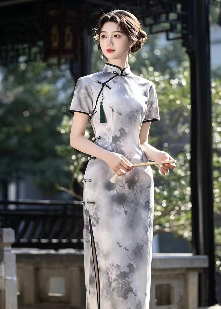 Vintage Light Grey Mandarin Collar Frog Buttons Dresses Short Sleeve