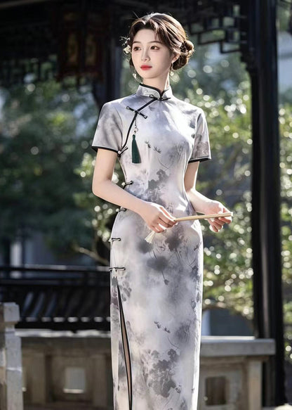 Vintage Light Grey Mandarin Collar Frog Buttons Dresses Short Sleeve