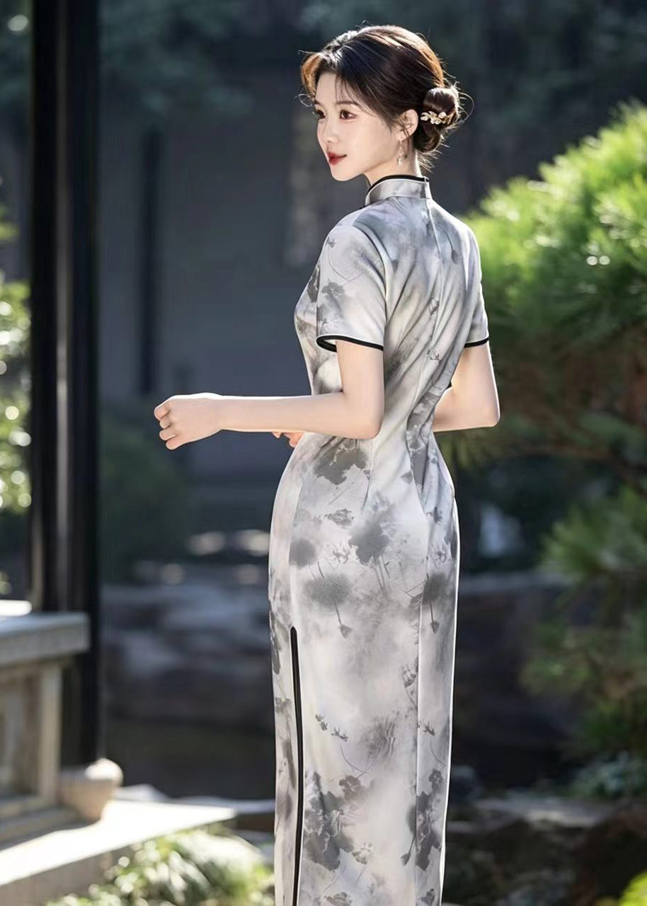 Vintage Light Grey Mandarin Collar Frog Buttons Dresses Short Sleeve