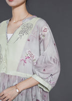 Vintage Light Purple V Neck Print Linen Dress Summer