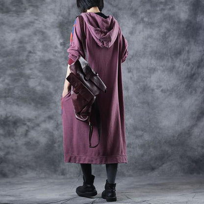 Vintage Loose Hoodie Print Long Fleece Dresses