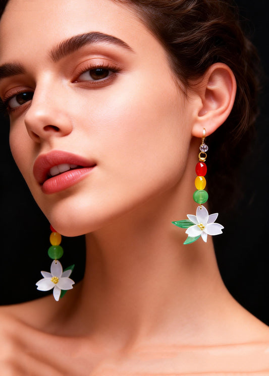 Vintage Lotus Flower Zircon Long Drop Earrings